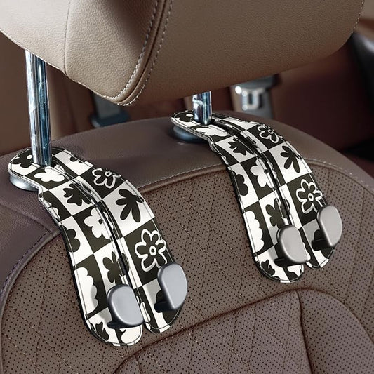 CoBak Purse Hook for Car - Universal Premium Stitched Leather and Aluminum-Magnesium Alloy Double Car Seat Back Storage Hook for Purses, Handbags, Bags (2 Pack),Chess Flower