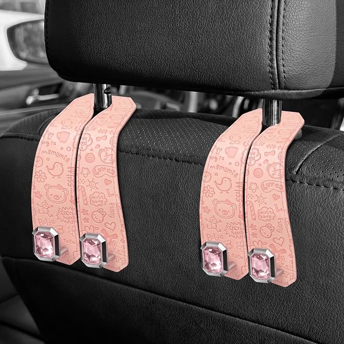 2PCS Car Hooks for Headrest, Faux Leather Purse Hook for Car Seat Back Organizers and Storage, Double Metal Purse Holder Bag Hanger, Universal Car Interior Accessories for Women Man