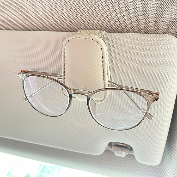 KIWEN Sunglasses Holders for Car Visor, Magnetic Leather Glasses Eyeglass Clip for Car, Ticket Card Clip Sunglasses Mount, Car Visor Accessories Gadgets (1, Beige)