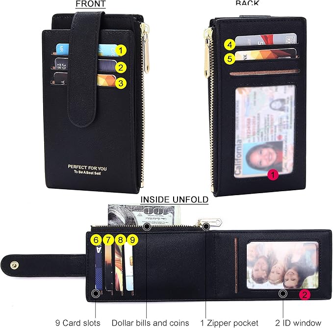 Badiya Slim Women Wallet RFID Blocking Bifold Compact 9 Card Slots Holder Wallets Soft Leather with Zipper Coin Pocket 2 ID Window