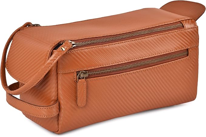 LEATHER VILLAGE Genuine Carbon Fiber Genuine Leather Travel Toiletry Bag - Large Dopp Kit, Water-Resistance Bathroom Kit & Shaving Organizer for Men & Women - Tan