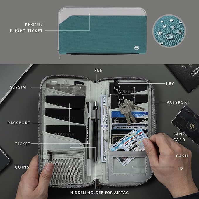 Passport Holder Family for 4, RFID Blocking Travel Wallet Women Men,Passport Wallet with Airtag Holder,Family Passport Protector Case, RFID Blocking, Lightweight, Zipper, Document Organizer, Pouch Bag