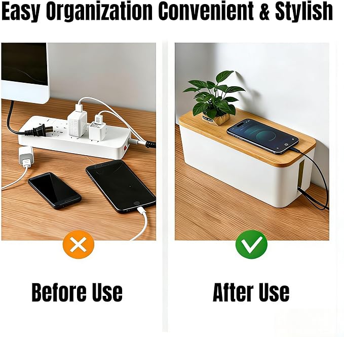 1 Large + 1 Small Cable Management Box Set – 2-Piece Cord Organizer Box, Home Office Desk Wire Storage & Cable Management Solution (Bamboo Lid/White)