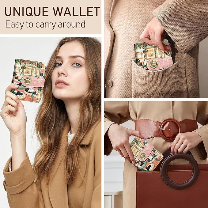Kelvoris Cute Lovely Black Cats Small Rfid Women Wallet Bifold Zipper Coin Pocket PU Leather Compact Cash Travel Credit Card Holder for Female Ladies Teen Girls 1 ID Window 10 Card Slots