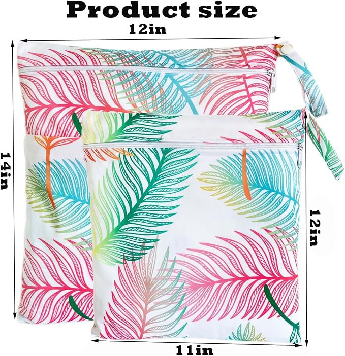 Wet Dry Bag for Cloth Diapers, 2PCS Waterproof Reusable Wet Bag with Zippered Pockets, Washable, Reusable for Travel, Beach, Pool, Stroller, Diapers, Dirty Gym Clothes, Swimsuits, 14x12In & 12x11In
