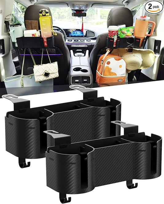 Car Headrest Backseat Cup Holder 3.7" with Organizer, High Capacity 4 in 1 Seat Back Organizer with Headrest Hooks, Multifunctional Storage for Car Travel Accessories Compatible with Most Vehicles
