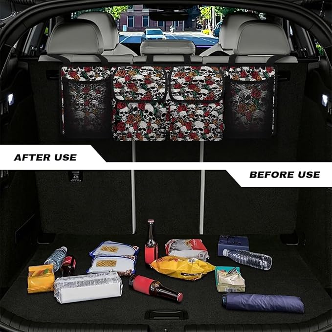 Skull Rose Car Trunk Organizer, Backseat Hanging Large Storage with 4 Pocket & 3 Adjustable Straps Provides More Space for Groceries for SUV, Truck, MPV,Van