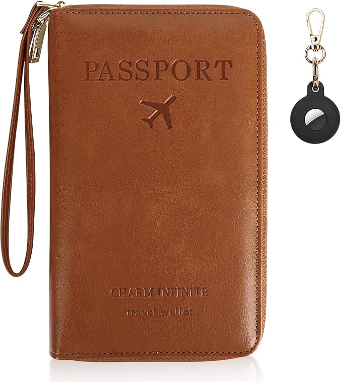 Passport Holder Wallet with Tracker Case, RFID Blocking PU Leather Passport Cover, Travel Document Organizer Wallet for Men and Women (Brown)