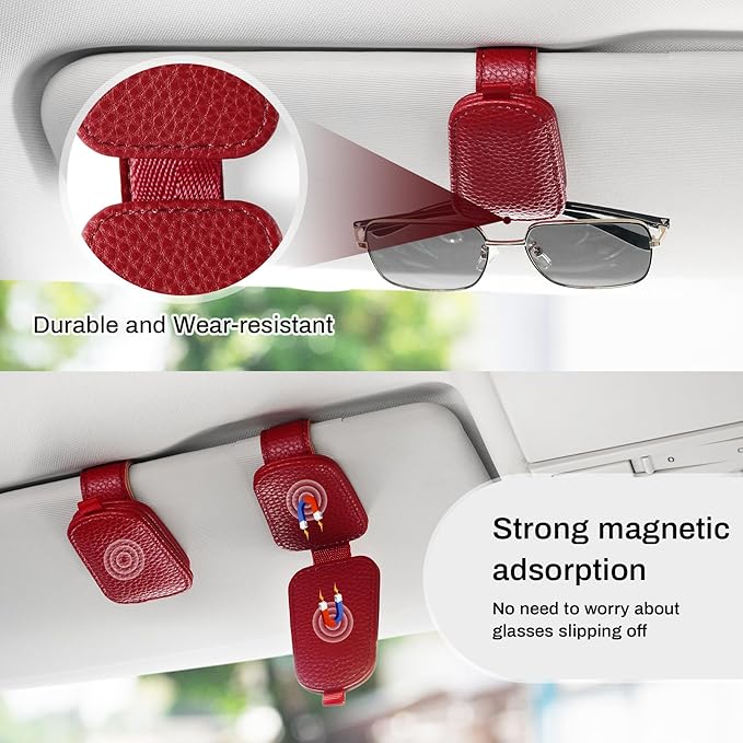 SINGARO Sunglasses Holder for Car, Leather Magnetic Buckle Sun Visor Sunglass Clip, Ticket Card Storage Glasses Clip, Car Interior Accessories for Men and Women（Red）