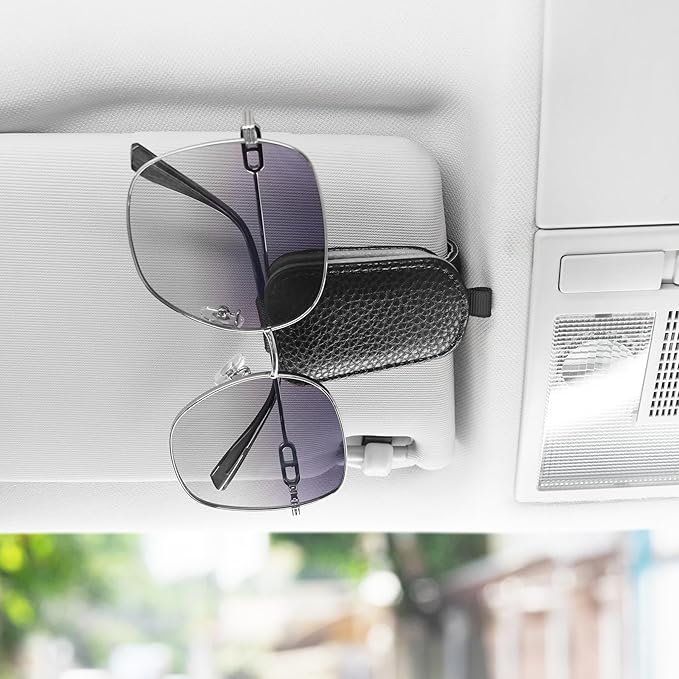 SINGARO Sunglasses Holder for Car, Leather Magnetic Buckle Sun Visor Sunglass Clip, Ticket Card Storage Glasses Clip, Car Interior Accessories for Men and Women（Black-Gray）