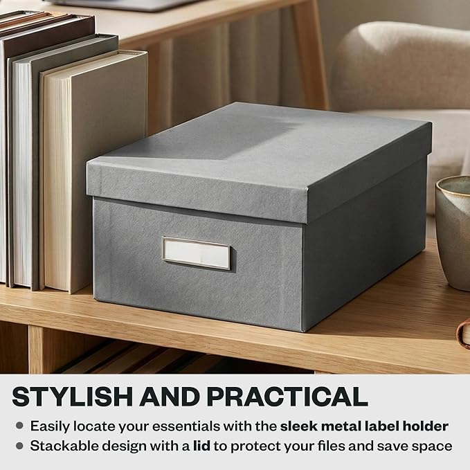 Bigso Karin Collapsible Storage Box - Photo Storage Box with Labelframe for Easy Identification - Simple Assembly Without Tools - Decorative Storage Boxes with Lids - 8.9in x 12.4in x 5.4in - Gray