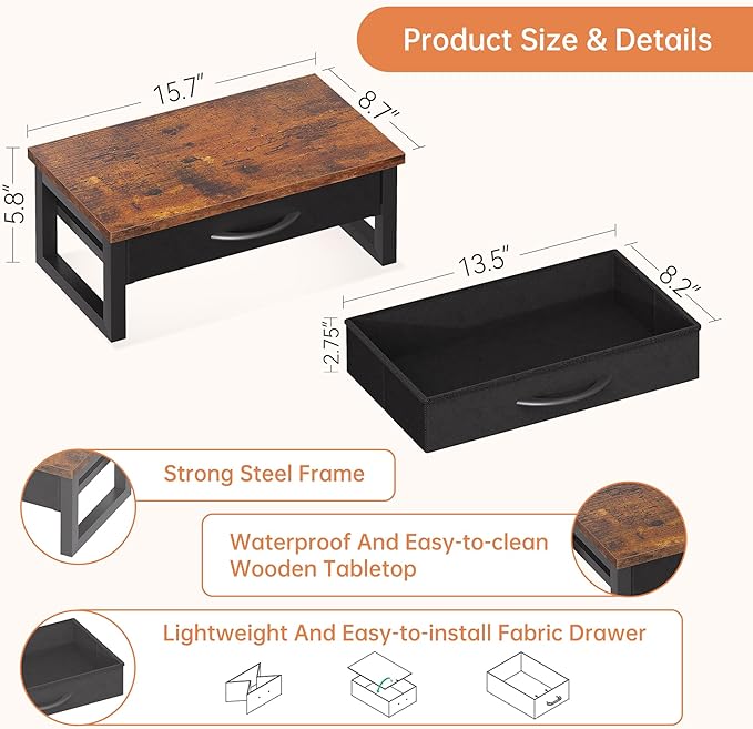Computer Monitor Stand Riser with Drawer, 2-Tier Desk Accessories & Workspace Organizers, Laptop Stand for Desk with Storage, Office Organization, Wood
