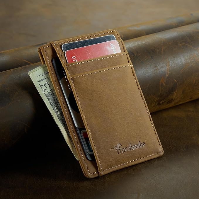 Travelambo Slim Wallet Front Pocket Minimalist Leather RFID Blocking Medium Size