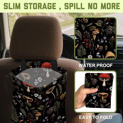 Car Trash Bag Vintage Mushrooms Berries Waterproof Car Trash Bag Hanging Leakproof Car Garbage Bag Washable Reusable Trash Bag For Car Interior Hanging Organizer Storage Vehicle Travelling Camping