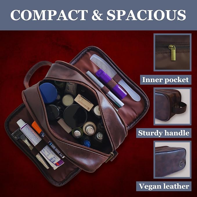 Premium Men’s Toiletry Bag with Drawstring Pouch – Durable Water-Resistant Leather-Look Travel Organizer for Shaving, Grooming & Hygiene Essentials (Dark Brown)