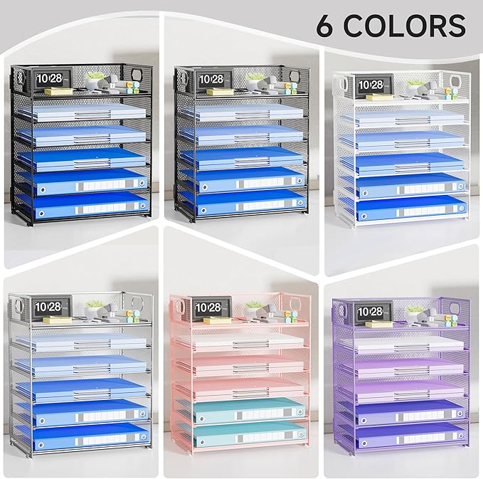 6-Tier Paper Organizer for Desk with Handle, Heavy Duty Metal File Organizer | Stackable Desktop Organizer for Office Supplies, Documents and Stationery Storage
