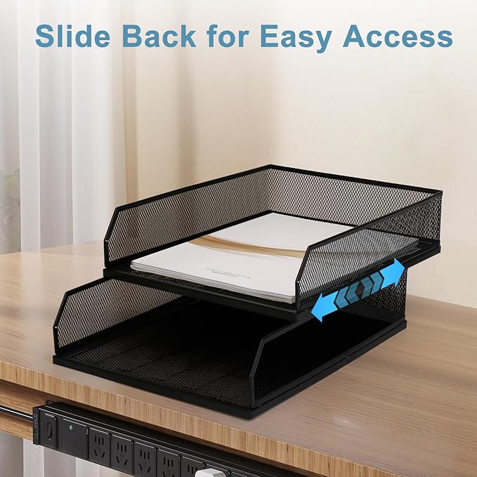 Stackable Paper Tray Desk Organizer, 2 Pack Letter File Tray, Wire Mesh Desktop Organizer, Front-Load Metal A4 Paper Sorter Documents Storage Holder Tray for Office Supplies Home School Classroom