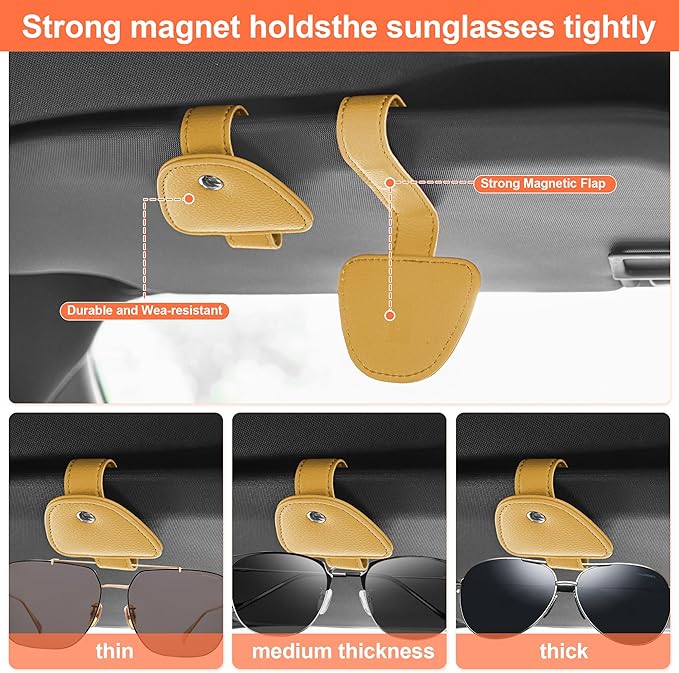 2 Packs Sunglasses Holders for Car Visor - Magnetic Leather Sunglasses Holder and Ticket Card Clip