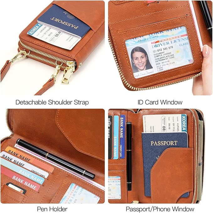 GOIACII Passport Wallet Travel Crossbody Bags for Women Wristlet Phone Purse Double Zip Vegan Leather Brown