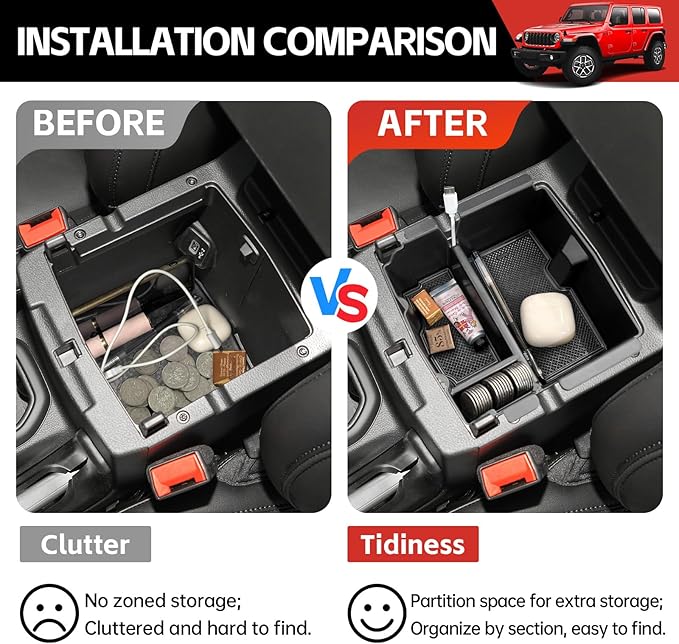 Center Console Organizer Tray Fit for 2018-2025 Jeep Wrangler JL JLU 4XE/Gladiator JT Center Console Armrest Box for Wrangler&Gladiator Accessories(Center Console Armrest Organizer)