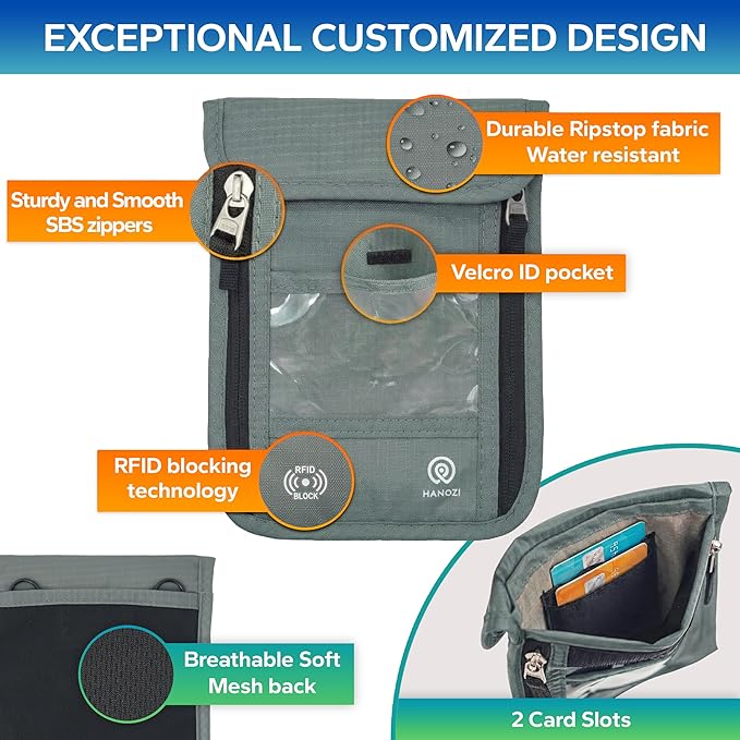 Travel Neck Wallet – Travel pouch and RFID Blocking Passport Holder for Women and Men - Slim Travel Wallet to Keep Your Cash, Passport, Credit Cards Safe. (Moss Grey)