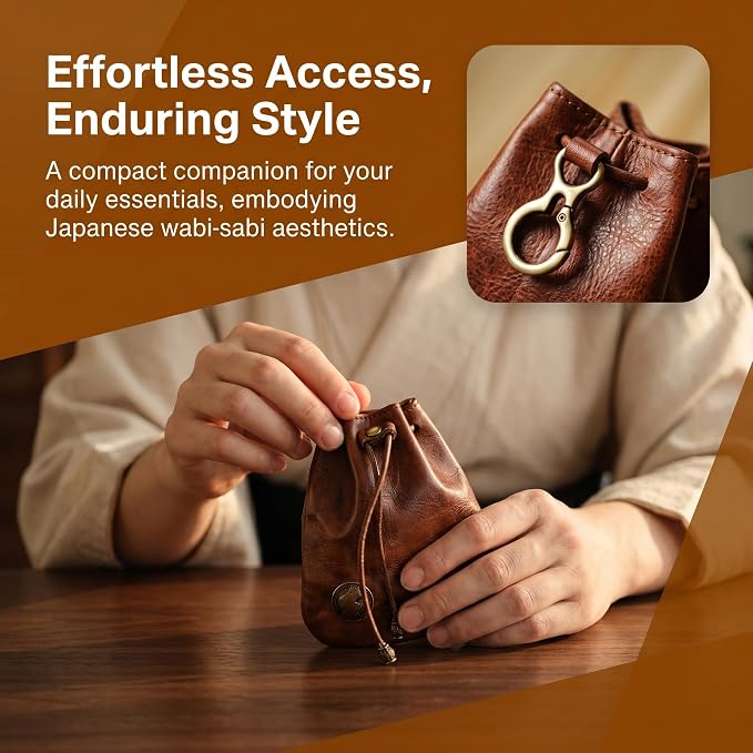 PU Drawstring Coin Purse, Vintage Faux Leather Pouch with Antique Brass Clasp, Portable Drawstring Coin Bag for Coins/Cash/Small Essentials(Brown)
