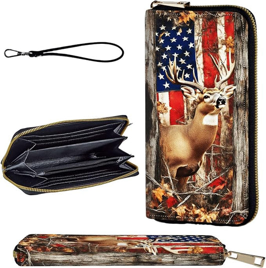 Wallet,Leather Long Wallet Suitable For Ladies And Teenagers - Detachable Wristband + RFID Travel Wallet With Card Slot - American Flag and Deer