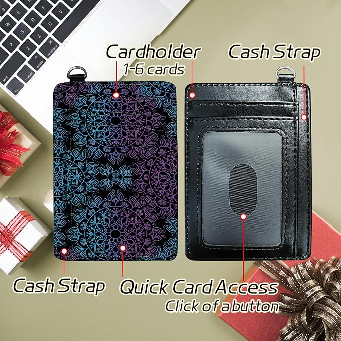Small Travel Wallets, Purple Blue Mandala Slim Minimalist Front Pocket Wallet with Wristlet, RFID Blocking PU Leather Credit Card Holder with ID Window Change Purse for Men Women