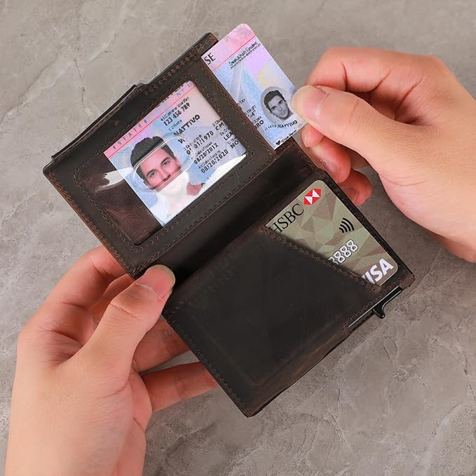 Minimalist Pop Up Wallet for Men | RFID Blocking Credit Card Holder Wallet with Money Clip | Mens Wallet Slim Bifold Front Pocket Metal Case with Gift Box (Genuine Full Grain Soft Leather)