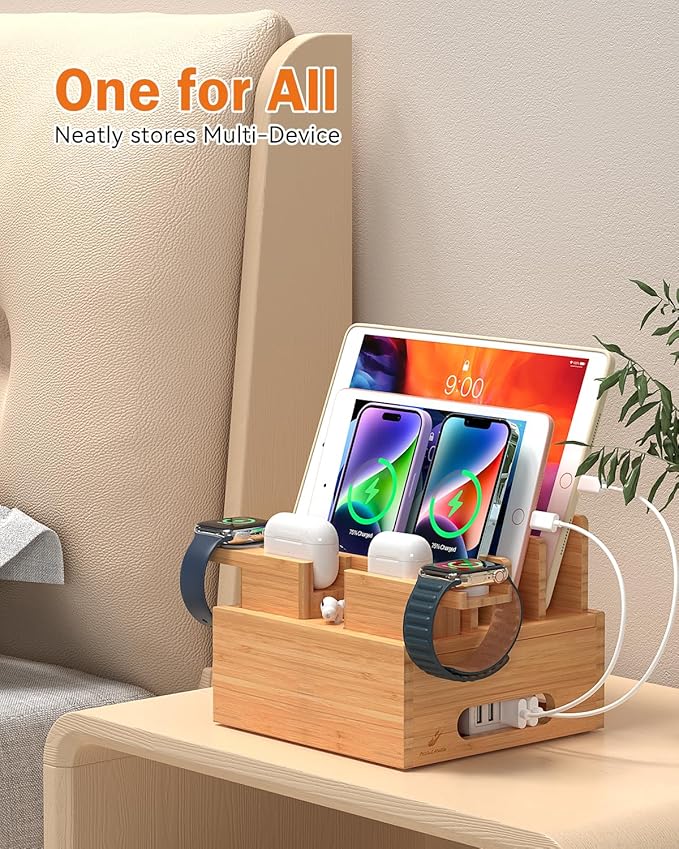 Pezin & Hulin Bamboo Charging Station Organizer for Multiple Devices, Desktop Docking Station Compatible with Phone, Tablet, Earbuds, Smartwatch, (Included 5 Cables, NO Charger HUB)
