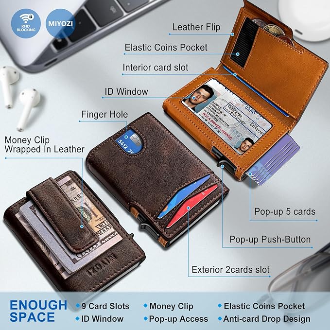miyozi Wallet for Men with Money Clip Coins Pocket ID Window Gift Boxed,Slim Smart Front Pocket RFID Blocking Wallet Pop-up Card Holder in Magnetic Leather Flip 3.9"x 2.7"