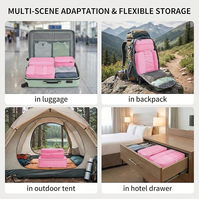 4 Piece Compression Packing Cubes for 3–7 Day Travel, Space Saving Travel Organizers with Breathable Mesh, Double-Zipper Packing Cubes for Carry-On & Suitcases (Petal)