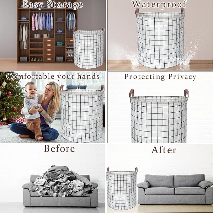 Waterproof Laundry Hamper Collapsible Laundry Basket Leather Handle Laundry Bag Large Clothes Storage Toy Organization for Bathroom Bedroom Laundryroom College Dorms (Laundry Basket-003)