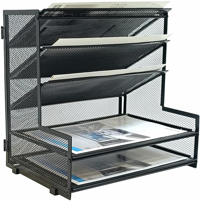 SETTFRFE Metal Desktop File Holder Organizer with 5 Tier Paper Tray, Office Supplies Desk Organizer, Black