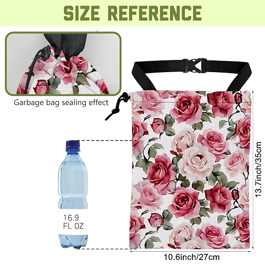 Car Trash Bag Watercolor Pink Roses Hanging Drawstring Car Organizer and Storage Bag with Adjustable Buckle Canvas Garbage Bin for Back Seat or Hanging Headrest Car Decor Road Trip Essentials
