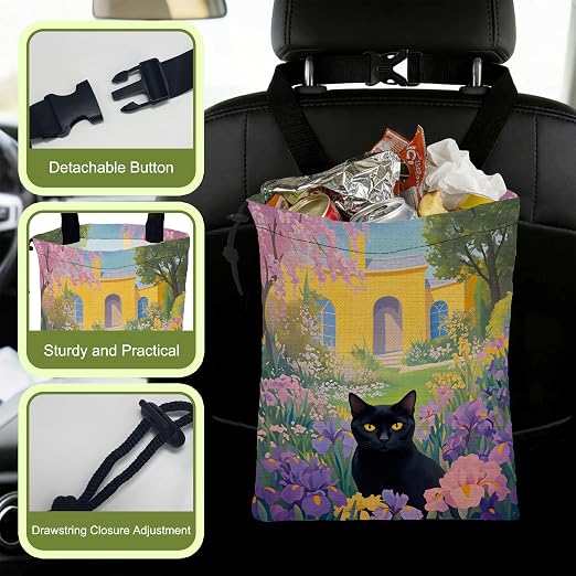 Floral Black Cat Car Trash Bag Vintage Spring Garden Hanging Canvas Car Trash Bag Waterproof Drawstring Car Back Seat Organizer for Car Back Front Seat Console with Adjustable Buckle