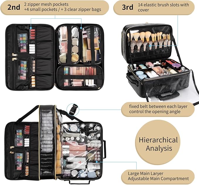 OCHEAL 18 Inch Rolling Makeup Train Case, Extra Large Travel Cosmetic Organizer Storage Trolley with Wheels, 3 Layers & 3 Travel Makeup Bags Carry On for Hairstylist Cosmetology Artist