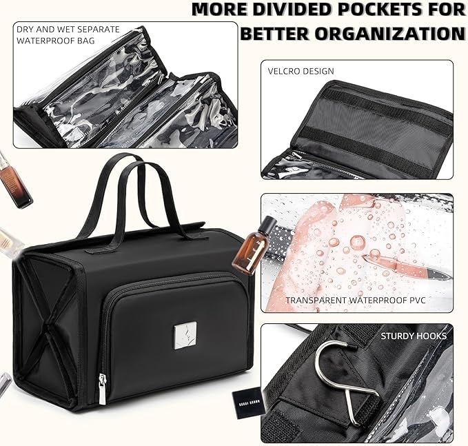 ROYALFAIR Roll Up Makeup Bag, Waterproof Toiletry Bag for Women, Hanging Travel Organizer bags with Jewelry Organizer Compartment, Extra Large 4 Clear TSA Approved Pouches Cosmetic Makeup (black)