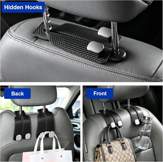 4 Pack Leather Purse Hook for Car, Car Seat Hooks for Headrest, Car Seat Back Storage Hook for Purses and Bags, Universal Back Seat Holder for Grocery Bag, Black