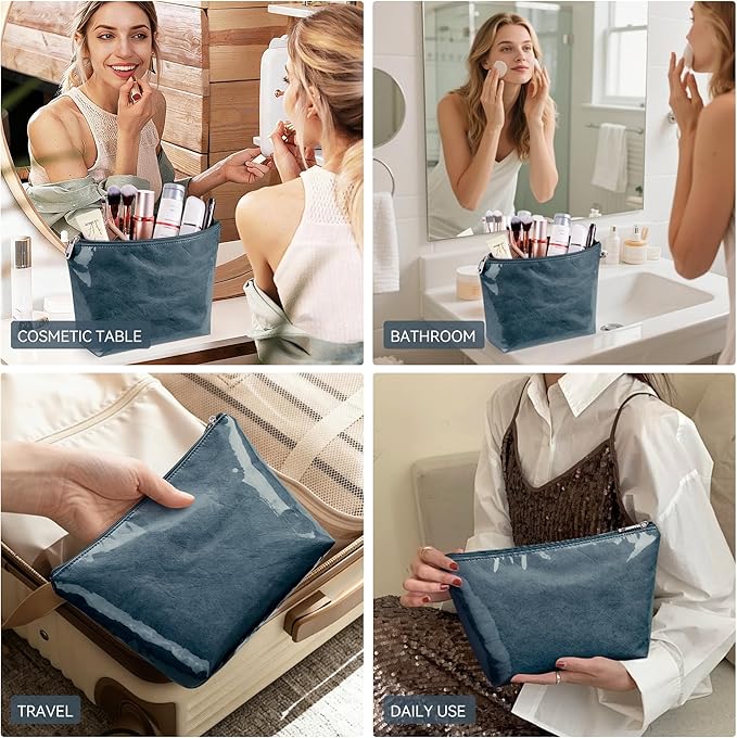 WLLWOO PVC Waterproof Makeup Bag Kraft Paper Cosmetic Bag Travel Toiletry Zipper Pouch Organizer for Women Purse