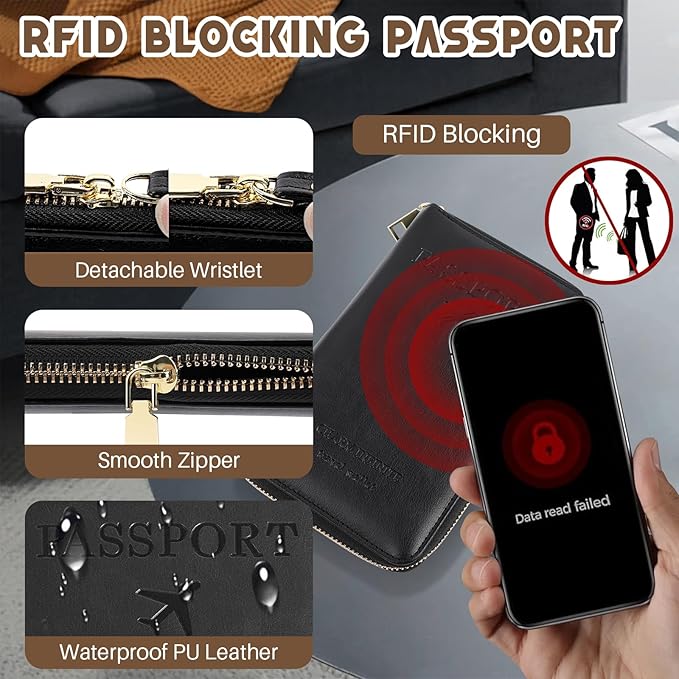Passport Holder Wallet with Tracker Case, RFID Blocking PU Leather Passport Cover, Travel Document Organizer Wallet for Men and Women (Black)