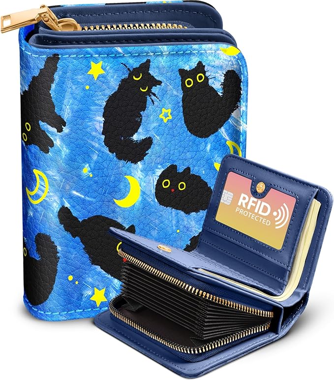 Bistup Credit Card Holder Wallet for Women Cute Leather Ladies Teen Girls Female Cardholder Wallets Accordion Purse Small Medium Aesthetic Print Cat Modern Design Rfid Zipper Around