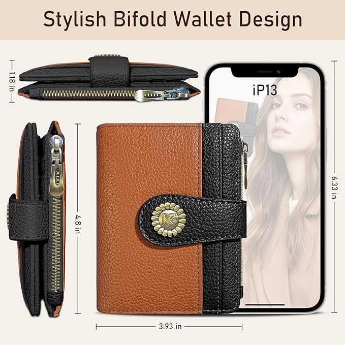 Kelvoris Small Rfid Women Wallet Bifold Zipper Coin Pocket PU Leather Compact Cash Credit Card Holder Travel Wallet for Female Ladies Teen Girls 1 ID Window 10 Card Slots Brown and Black