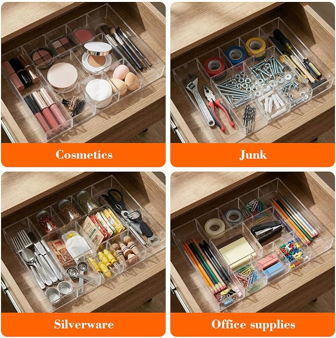Large Acrylic Desk Deep Drawer Organizer with Adjustable Dividers, Anti-skip Clear Desk Top Junk Drawer Storage Tray for Pens, Desktop, Office, Bathroom, Kitchen, Makeup Supplies(10 Compartments)