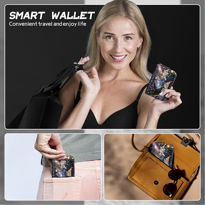Cute Credit Card Holder with Zipper, Cats Galaxy Nebula RFID-Blocking Card Case Small Wallet for Women Men, Multi-slot Card Organizer Case Travel Accordion Wallet