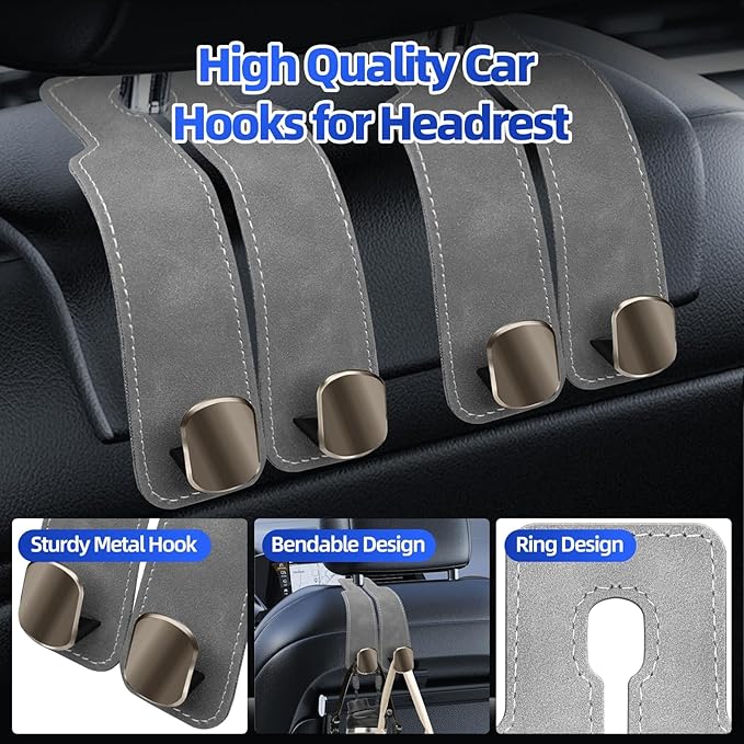 2 Pack Car Hooks for Headrest, Double Car Seat Headrest Hooks, Car Seat Back Storage Hook for Purses and Bags, Leather Purse Hook for Car, Car Bag Hooks Gray