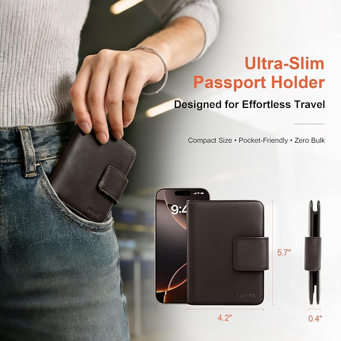 Premium Full-Grain Leather Passport Holder with Hidden AirTag Slot - RFID Blocking Travel Wallet for Men & Women, Luxury Organizer (Coffee Brown)