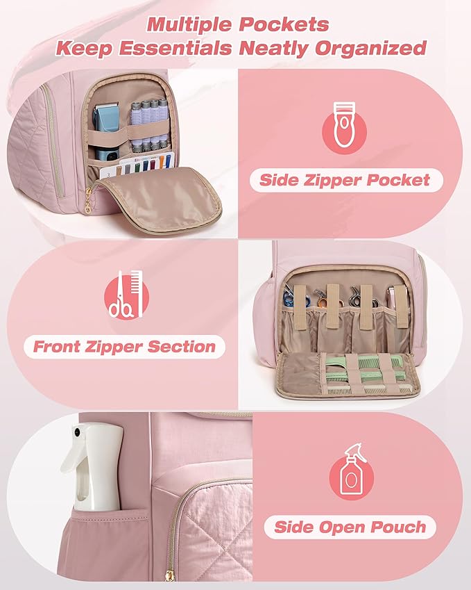 Marscamd Insulated Hairstylist Travel Bag Backpack with Detachable Dividers and Multiple Pockets, Quilted Hair Tool Travel Bag with Multiple Pockets for Hairstylist and Barber, Pink