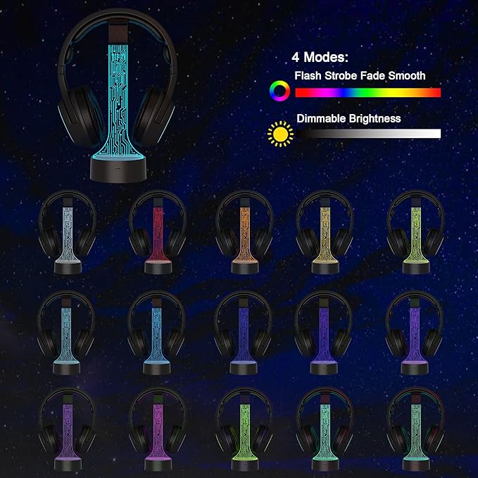 YuanDian Light up Headphone Stand for Desk, Gaming Headset Holder RGB with 16 Color Lights for Game Room Decor, Cool Gamer Gifts for Men Boyfriend （PCB）