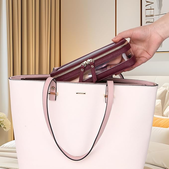 Pinkmik Makeup Brush Case Clear Travel Cosmetic & Toiletry Bag Slim Makeup Bag with Zipper Small Purse Organizer Car Essential for Women (X/Burgundy, SLIM)
